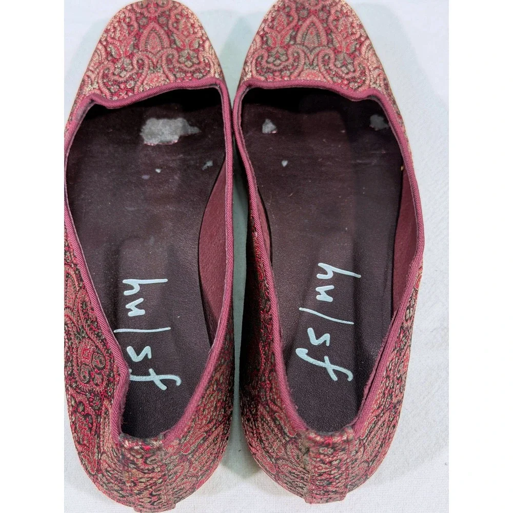 French‎ Sole FS/NY Square Toe Ballet Flats Burgundy Wine Gold Tapestry Jacquard